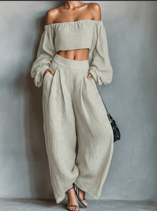 2026 New Off Shoulder Lantern Sleeves Linen Two-piece Set