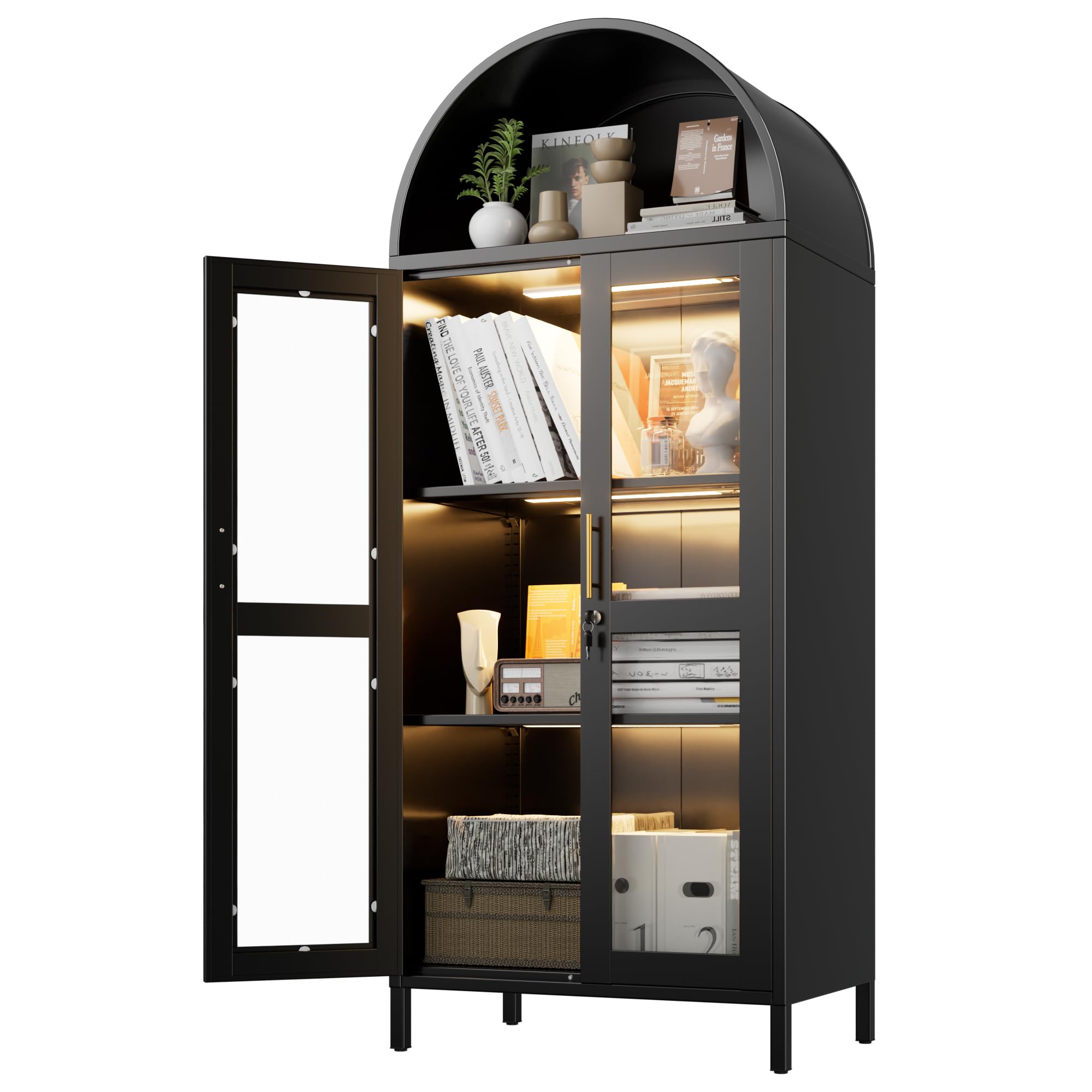 Metal Arched Bookcase Cabinet With 3 LED Strips,Lockable Arched Display Cabinet With Glass Doors For Living Room, Home,Office, Assembly Required Black