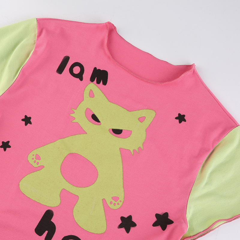 Hot Girl Fashion Umbilical Cord Street Style Tide Cat Print Color Collision T-shirt