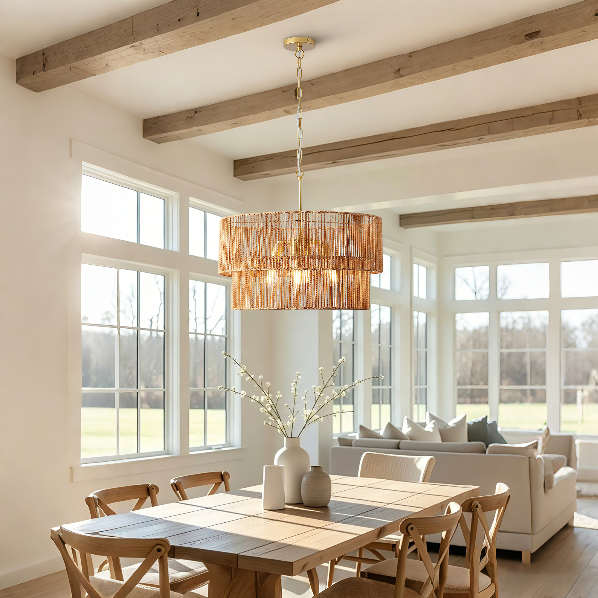 23.62in  Handwoven Woven Paper Rattan Chandelier, 2-Tier Boho Wabi-Sabi Pendant Light, Gold Metal Hanging Ceiling Lamp, Wicker Lighting Fixture For Dining Room Kitchen Island Living Room — foto 2