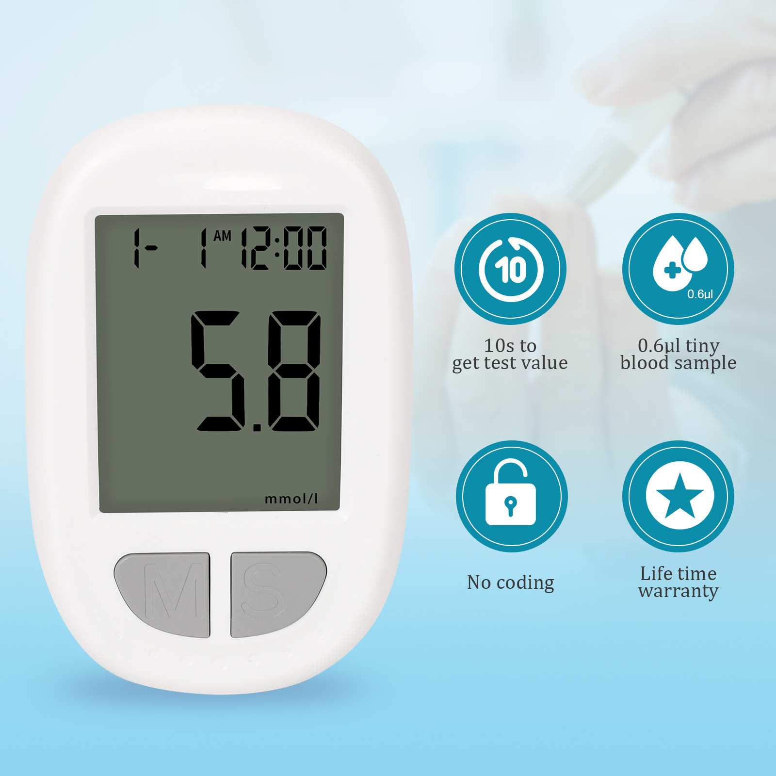 Portable Blood Glucose Meter Kit - Auto Coding, Fast 10s Results, Includes 50 Test Strips & 50 Lancets 5
