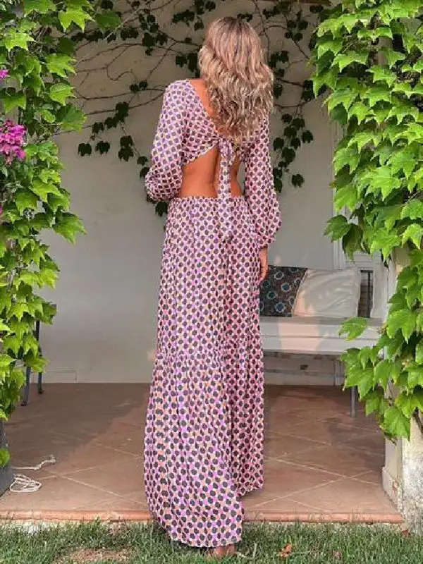 European And American Independent Station Autumn New V-neck Long Sleeve Tied Backless Irregular Design Printed Fashion Dress For Women
