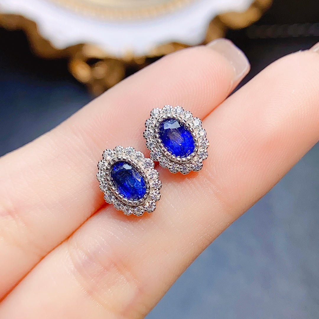 Title 1, Natural Sapphire Stud Earrings S925 Silver Inla...