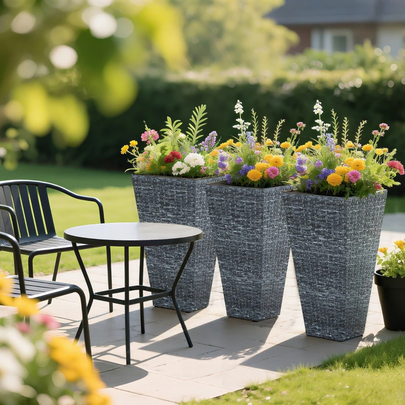 Tall Planters For Outdoor Plants Set Of 3, 24 In Taper Planters With Drainage Holes, Rattan Decor Plant Pots For Indoor Outdoor Front Porch Patio Backyard,