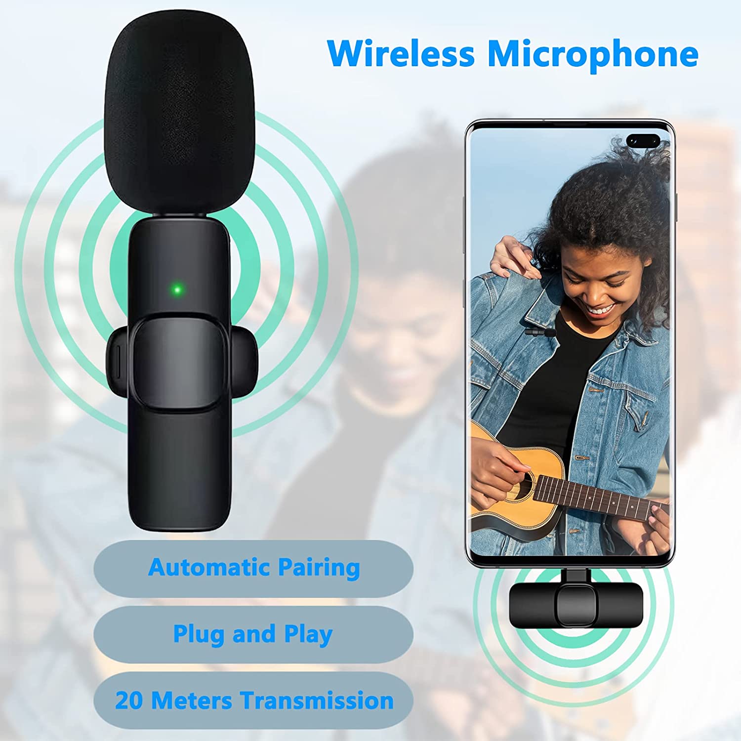 Wireless lavalier lapel microphone for iPhone iPad - professional clip mic - cordless omnidirectional condenser recording mic for interview video podcast vlog YouTube