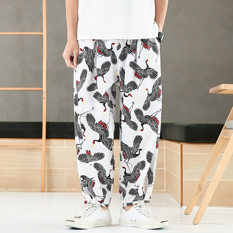 Linen Crane National Style Cropped Pants Men's Pants