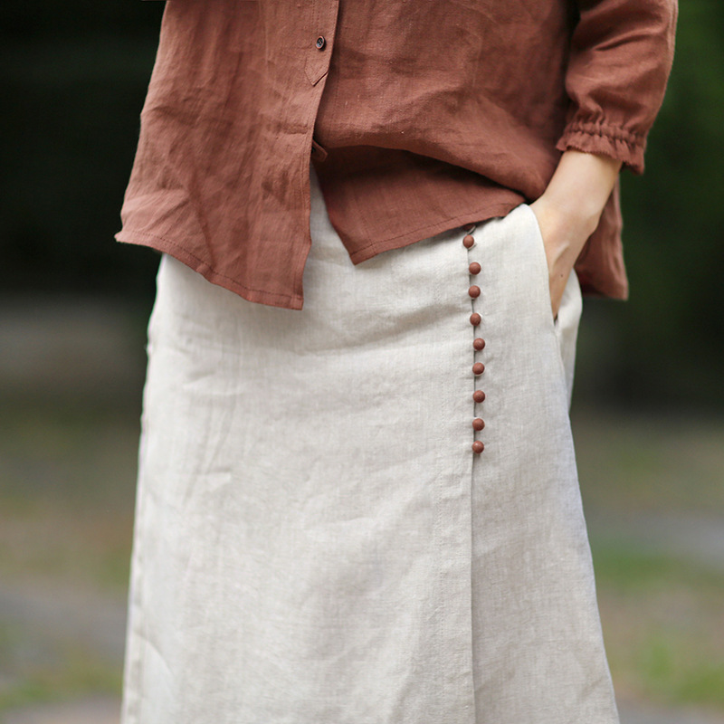 Raw Jute Irregular Stitching Skirt. Product information: Pattern: solid color, Fabric name: linen, Skirt-type: A- line skirt, Color: Hemp, Main fabric composition: linen, Size: S,M,L,XL, Style type: artistic retro, Skirt length: mid skirt, Skirt Category: