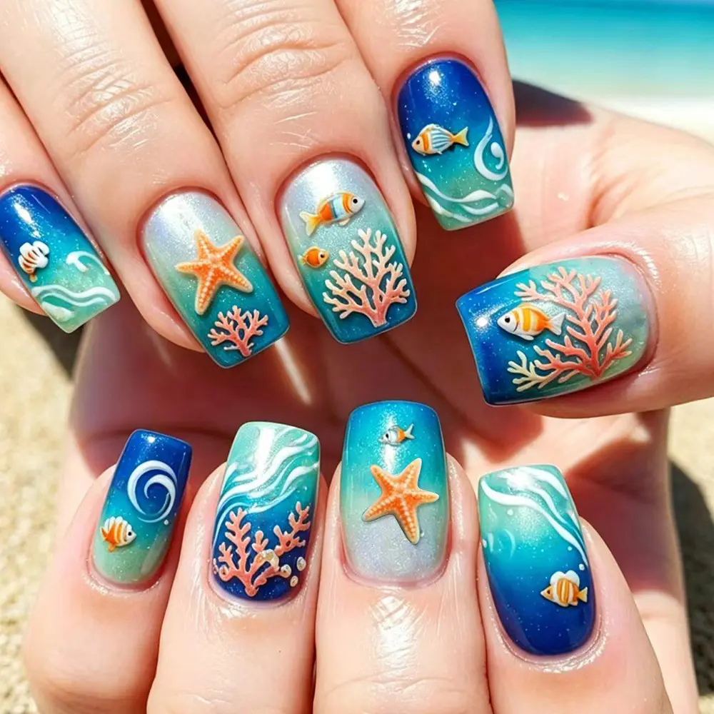 24 Rectangular Acrylic Nail Stickers In Ocean