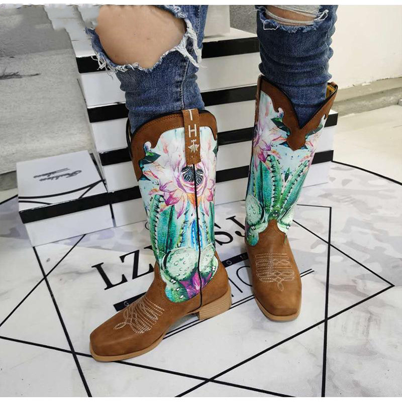 Calf Flower Print Patchwork Mixed Color Womens Shoes Slip On Beautiful Party Retro Western Boots