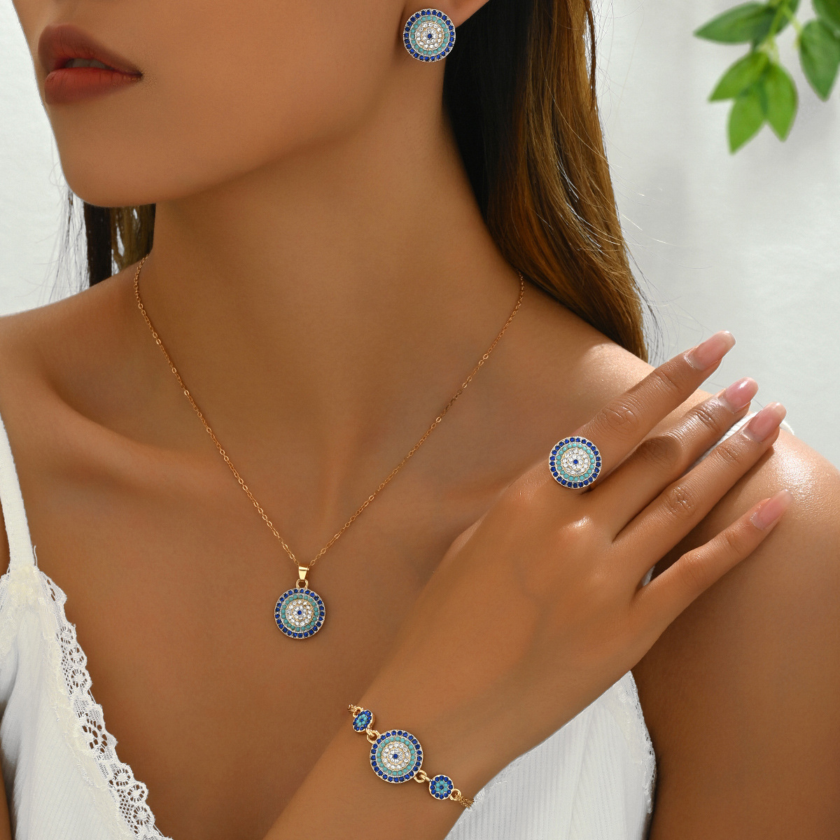 Cross-border European American Women Jewelry Set, Geometric Round Pendant Inlaid Cubic Zirconia, Beaded Bracelet & Adjustable Open Ring, Versatile Dai