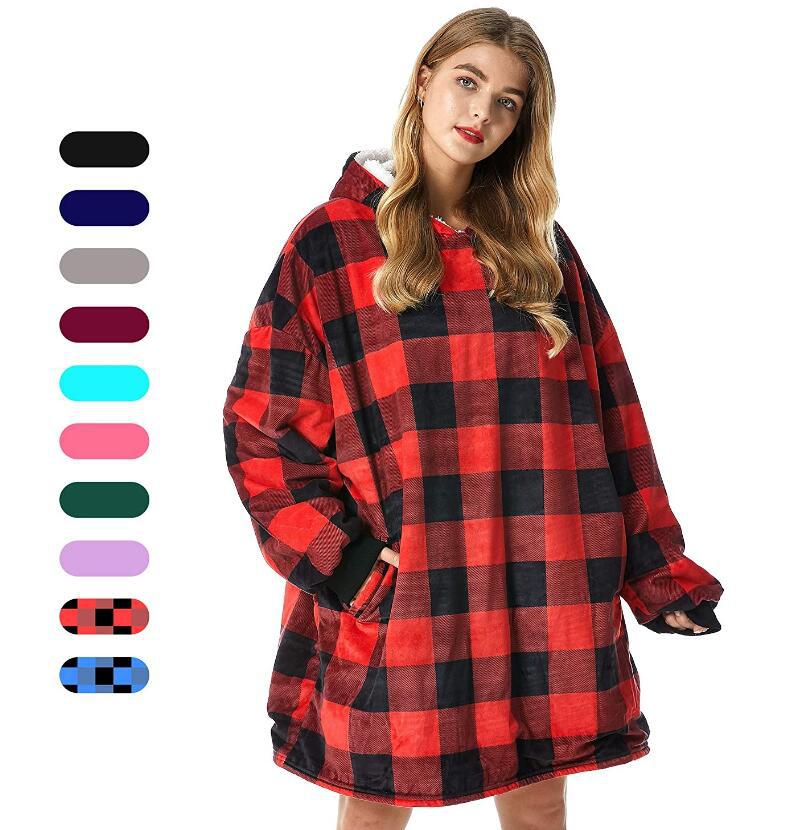 Title 4, New Blue Red Plaid Printed Sweater Hooded Casua...