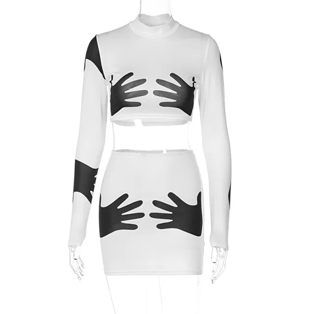 Fashion Print Crop Long Sleeve Top Slim Short Style Skirt Suit White - Shop at LoveMi