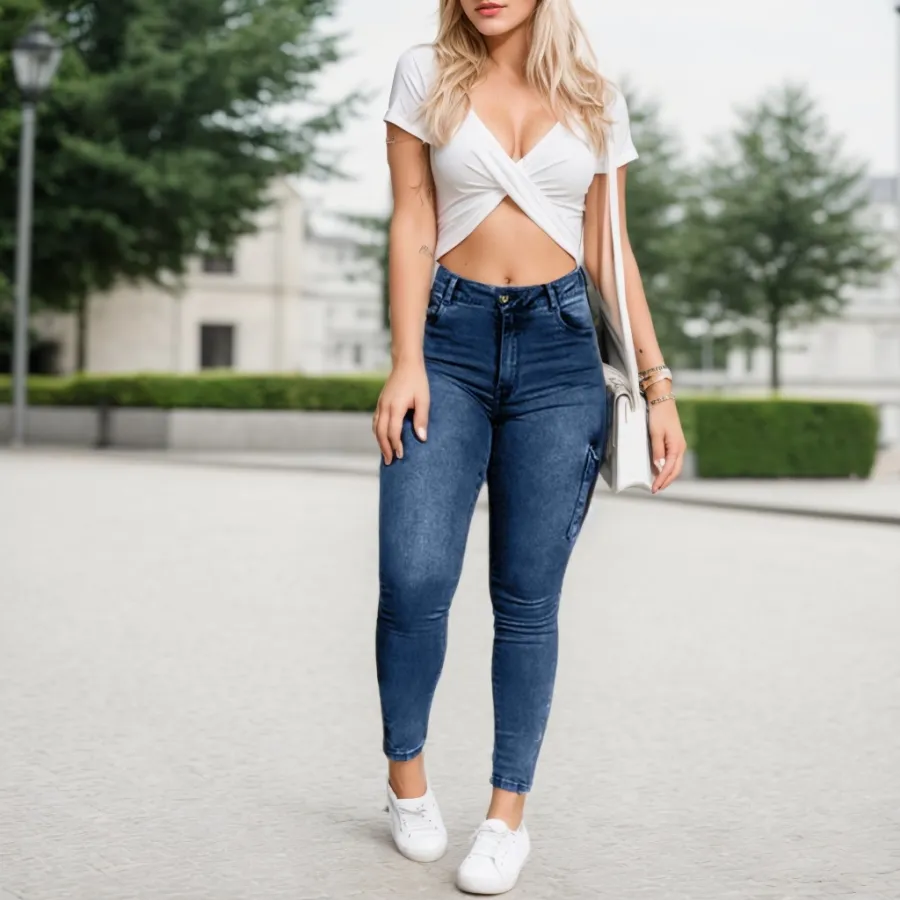 Multi-pocket High-stretch Mid-rise Zipper-hem Skinny Pencil