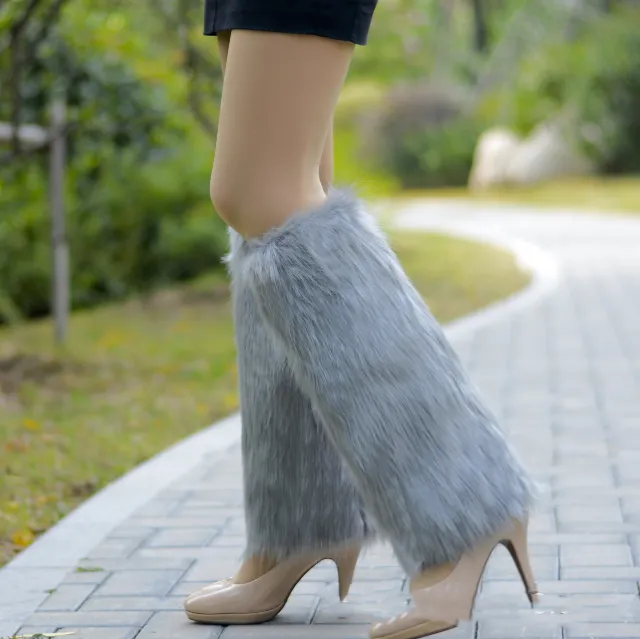 Faux Fur Foot Cover Plush Shoe Cover Leg Cover Plush Knee Pad Socks Grey - Shop at LoveMi