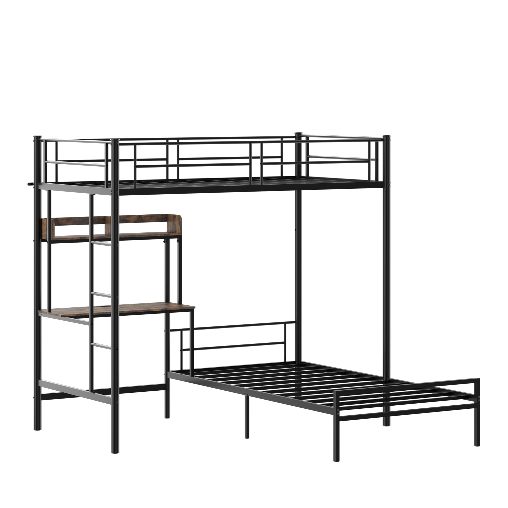 Twin Over Twin L-Shaped Bunk Bed With Desk, Charging Station & Storage, Black