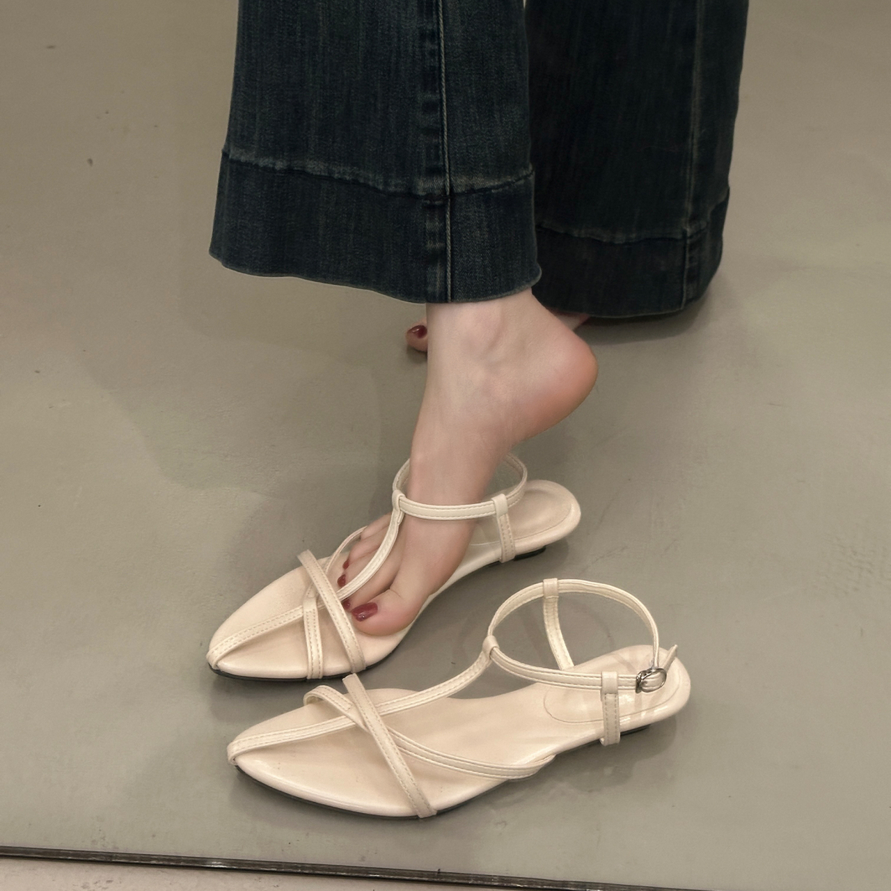 Women French Minimalist Crisscross Thin Strap Flat Sandals, Pointed Toe Adjustable Buckle Ankle Wrap Strappy Backless Slip On Casual Daily Summer Mule Slippers — view 4