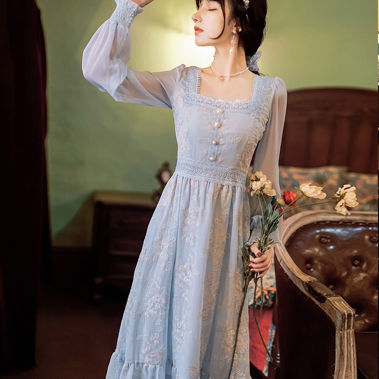 Embroidered Chiffon Long Sleeve Dress