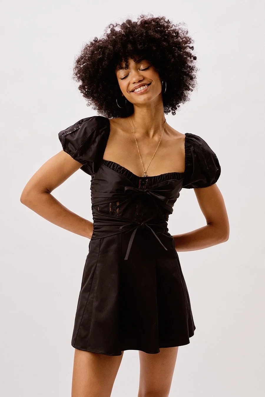 Puff Sleeve Lace Trim Bow Mini Dress