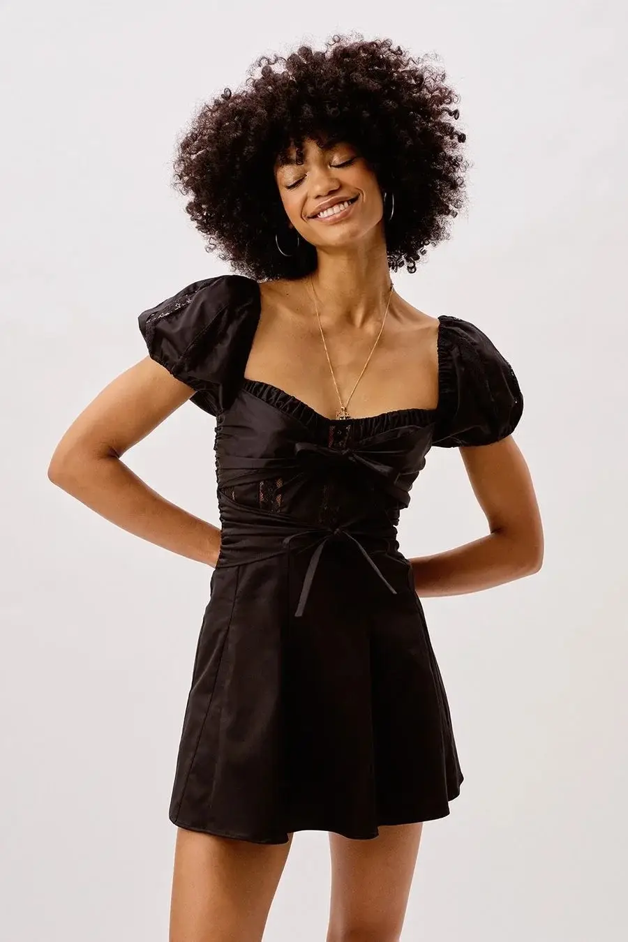Puff Sleeve Lace Trim Bow Mini Dress