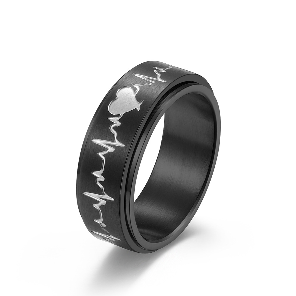 Title 8, Titanium Steel Rotating ECG Couple Ring Stainle...