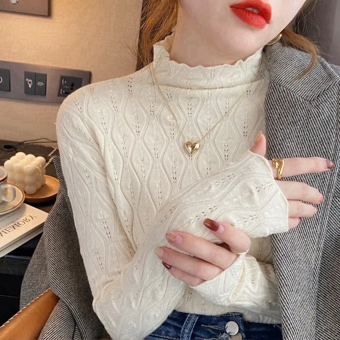 Bottom Shirt Girl Semi-high Collar Small Knitting In Autumn And Winter - Apricot