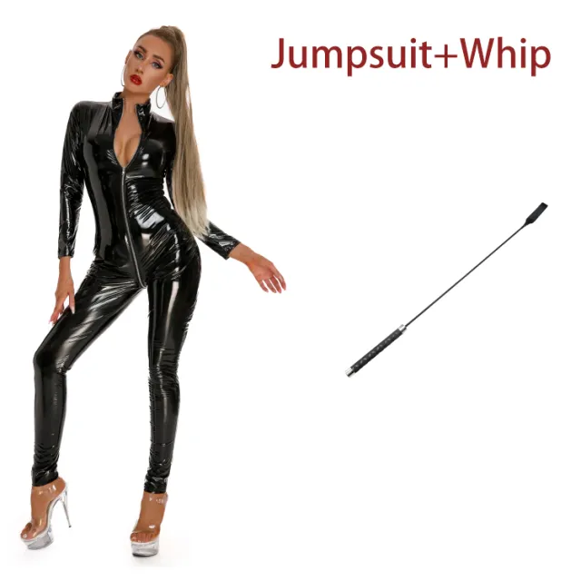 Underwear Corset Body Mirror PVC Three Zipper Jumpsuit With Whip - Shop at LoveMi