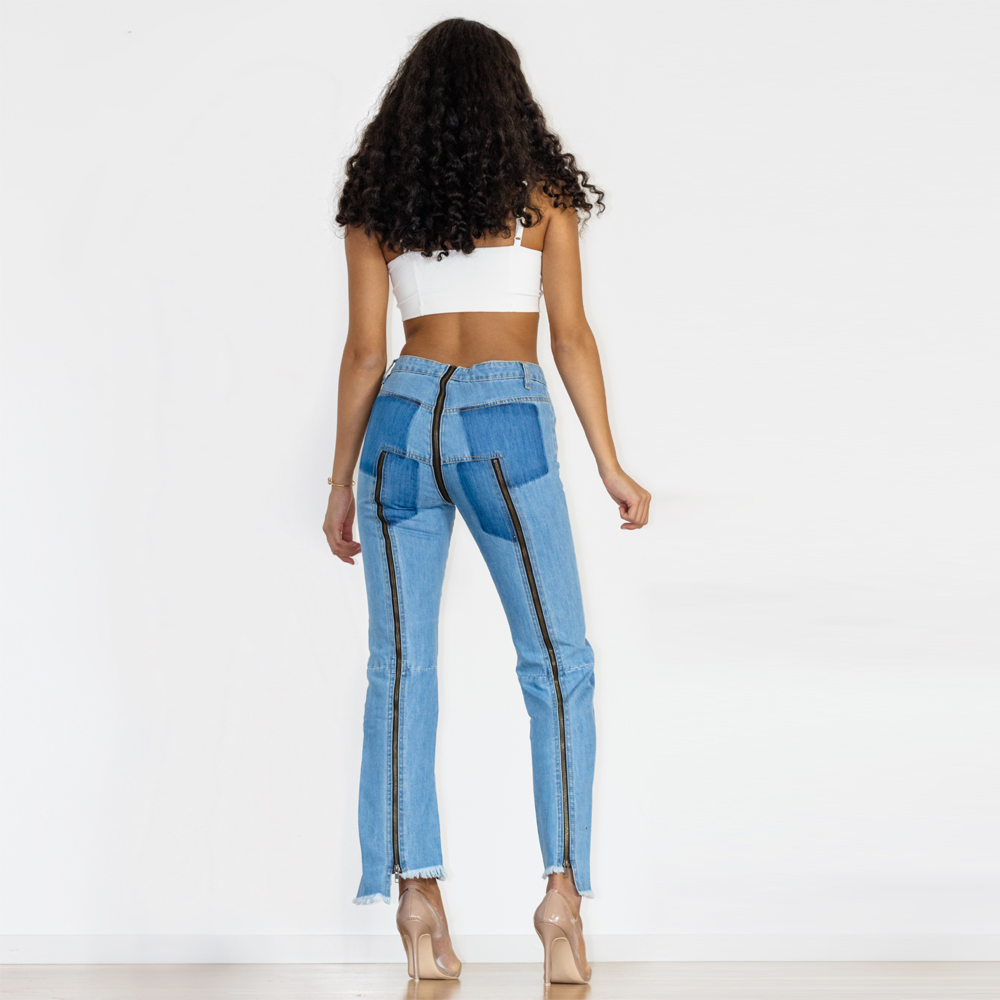 BEYONDARY Women's Light Blue Split Straight Jeans – Slim Fit Zipper Denim Pants for Club & Dance