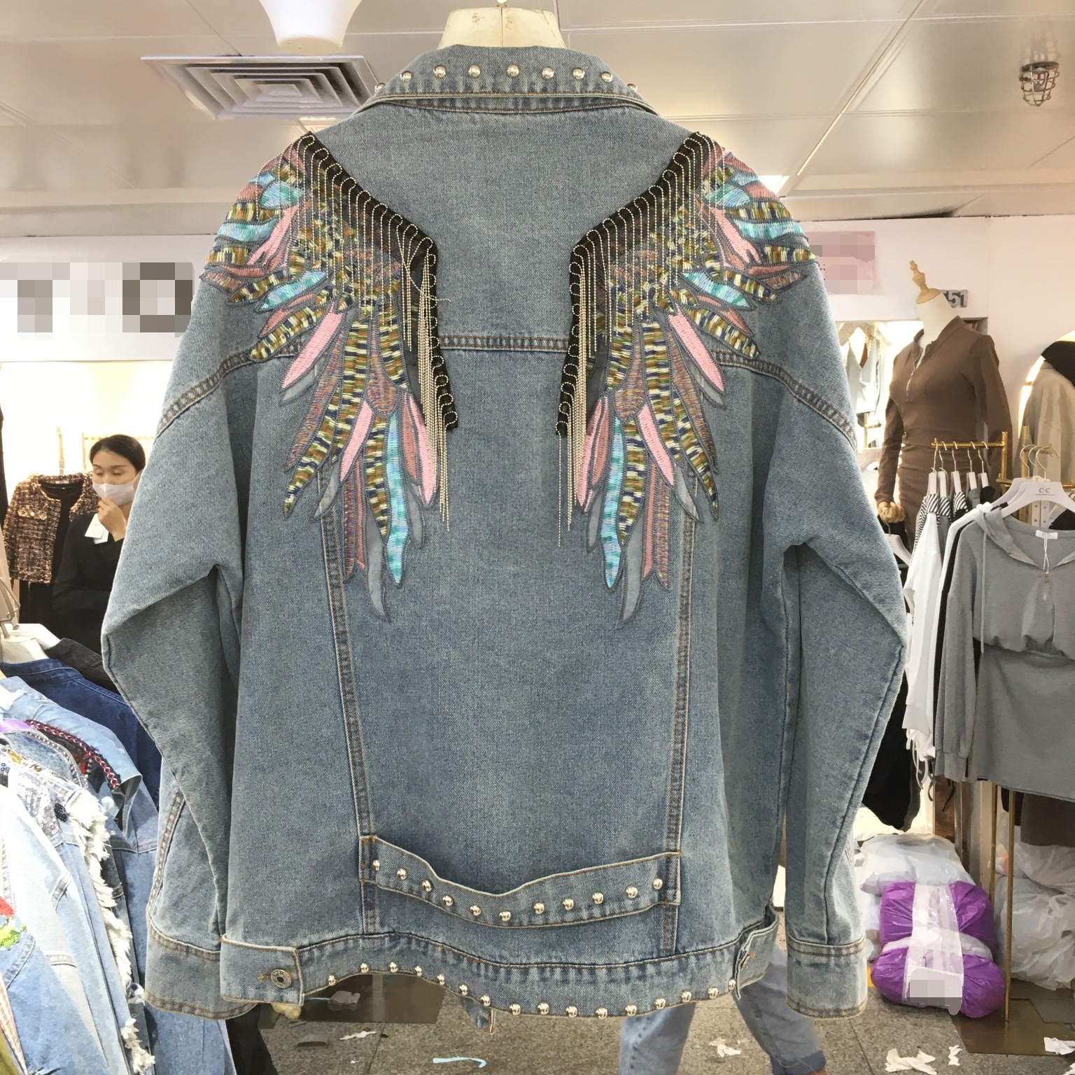 Loose Look Skinny Wing Embroidered Fringe Jean Coat Blue - Shop at LoveMi