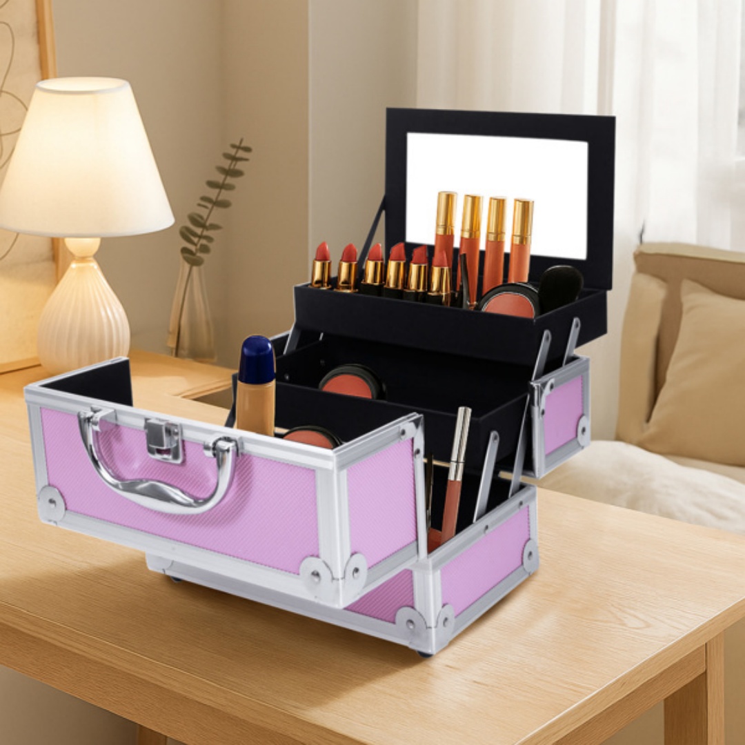 Portable Top-opening With Mirror, Aluminum Alloy, Pink, Makeup Box, SM-2176