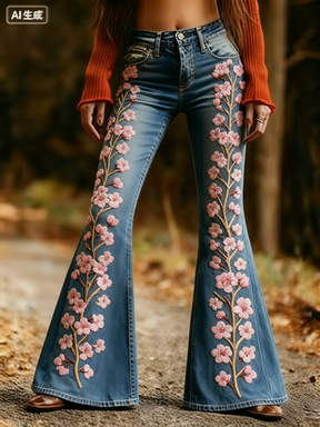 Fashion Retro Printed Flared Pants, Women's Jeans