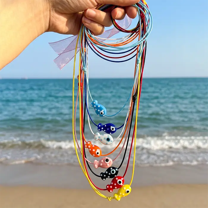 Colorful Fish Pendant Necklace, Adjustable Wax Cord Chain, Cute Polka Dot Fish Charm, Minimalist Boho Style Statement Jewelry For Women