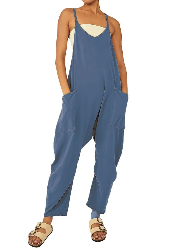 Zipper Pocket Sling Pants Jumpsuit Denim Blue - Shop at LoveMi