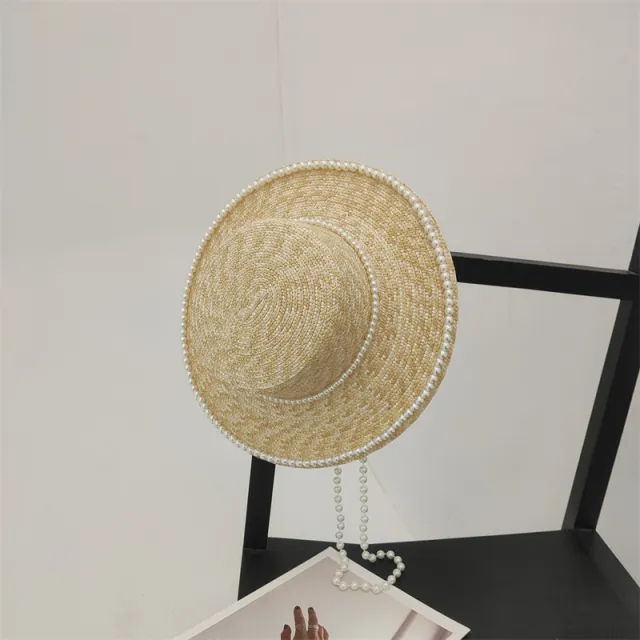 Women's Hand Sewn Pearl Flat Top Straw Hat Pearl Pearl Chain - Shop at LoveMi