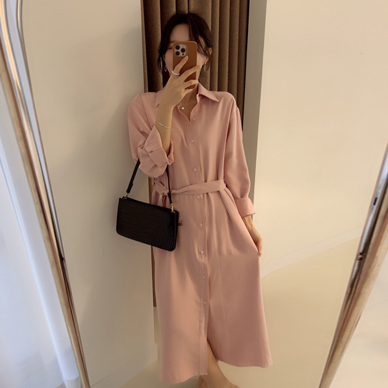 Simple Temperament Commuter Solid Color Shirt Lace-up Dress