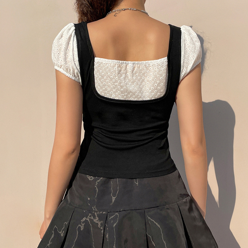 Fake Two Black And White Contrasting Temperament Square Neck Short Sleeves