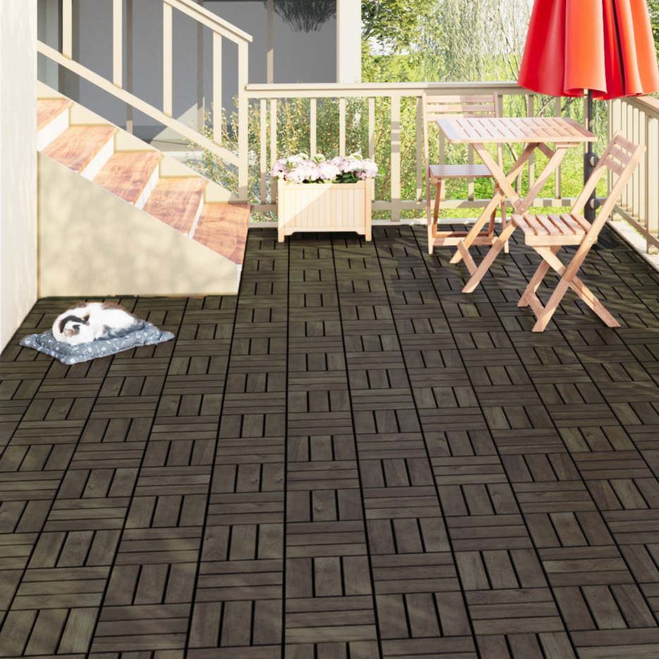 Acacia Wood Interlocking Deck Tiles Checker Pattern, 30 PCS 12inch X 12inch Dark Brown Square Acacia Hardwood Outdoor Flooring For Patio, Bancony, Pool Side