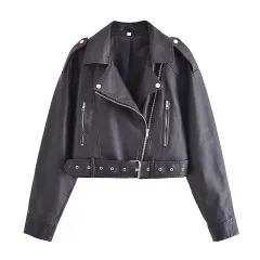 Washed Faux Leather Short Zipper Fashion Jacket - Black - View 1