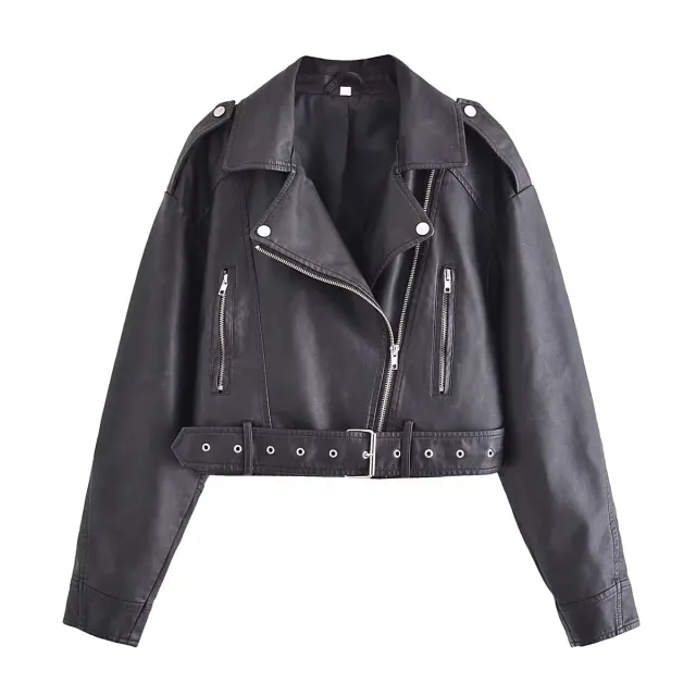 Washed Faux Leather Short Zipper Fashion Jacket Black - Shop at LoveMi