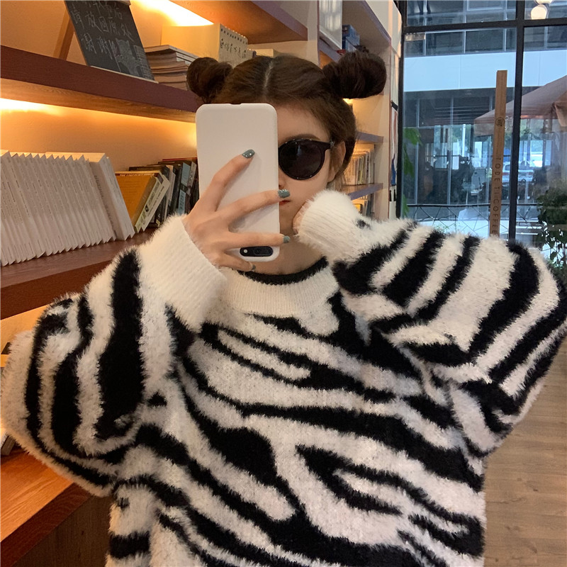 Title 6, Lazy Style Zebra Print Faux Mink Loose Sweater