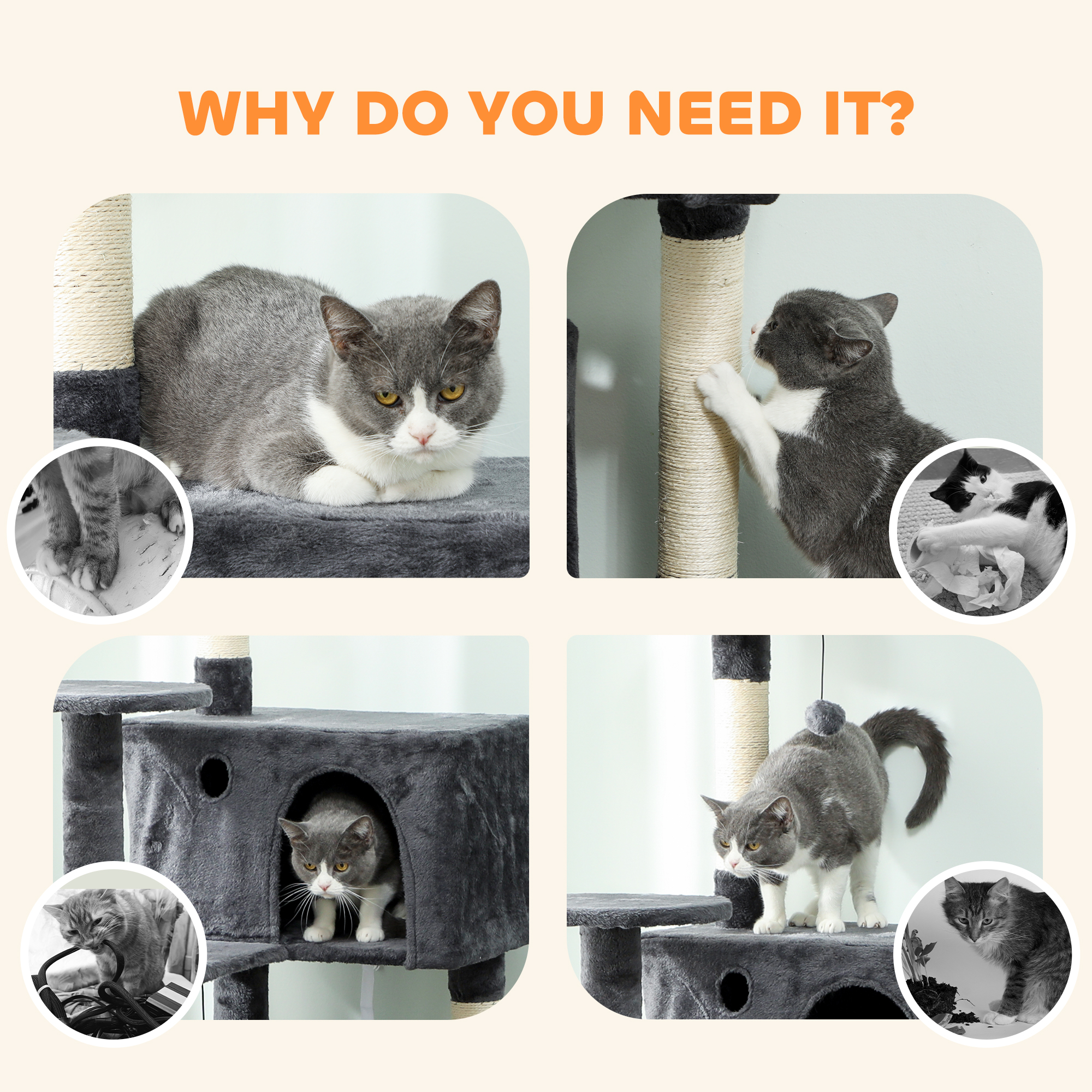 180cm Large Cat Tree Tower With Sisal Grab Post, Nest, Plush Shelter, Hammock — image 6