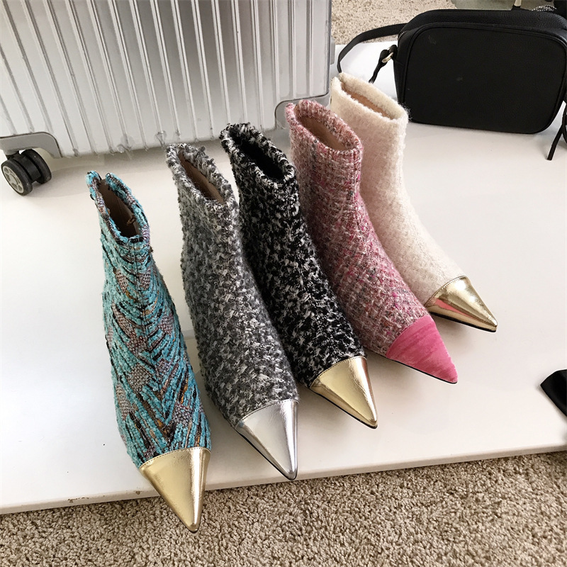 Fashion Wind Felt Material Pointy Color Combination Small Fragrance Wind Ankle Boots Female