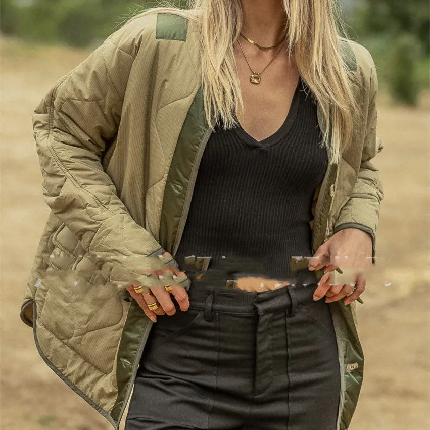 Loose Hourglass Quilted Cotton Color Matching Double Patch Pocket Jacket For Women - Earth