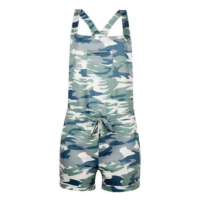 Suspender Drawstring Elastic Waist Pocket Jumpsuit Camouflage - Shop at LoveMi