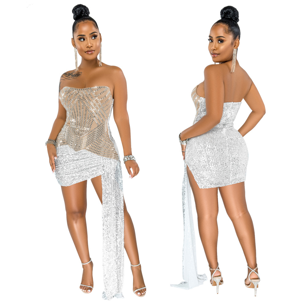 Breast-wrapped Milk Silk Diamond Beads Dress