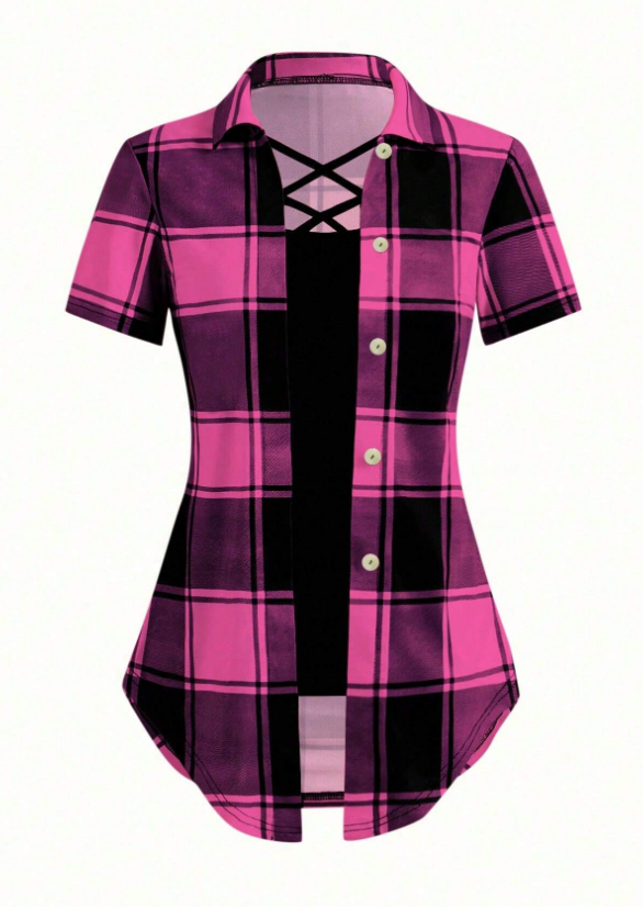 Unity AB Splicing Collar Turn D2 In 1 Plaid Short Sleeved T Shirt Red Violet - Shop at LoveMi