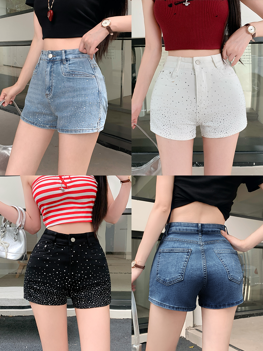 Women's High-Waisted Rhinestone Denim Shorts, Sparkly Studded Hot Pants In Light Black White