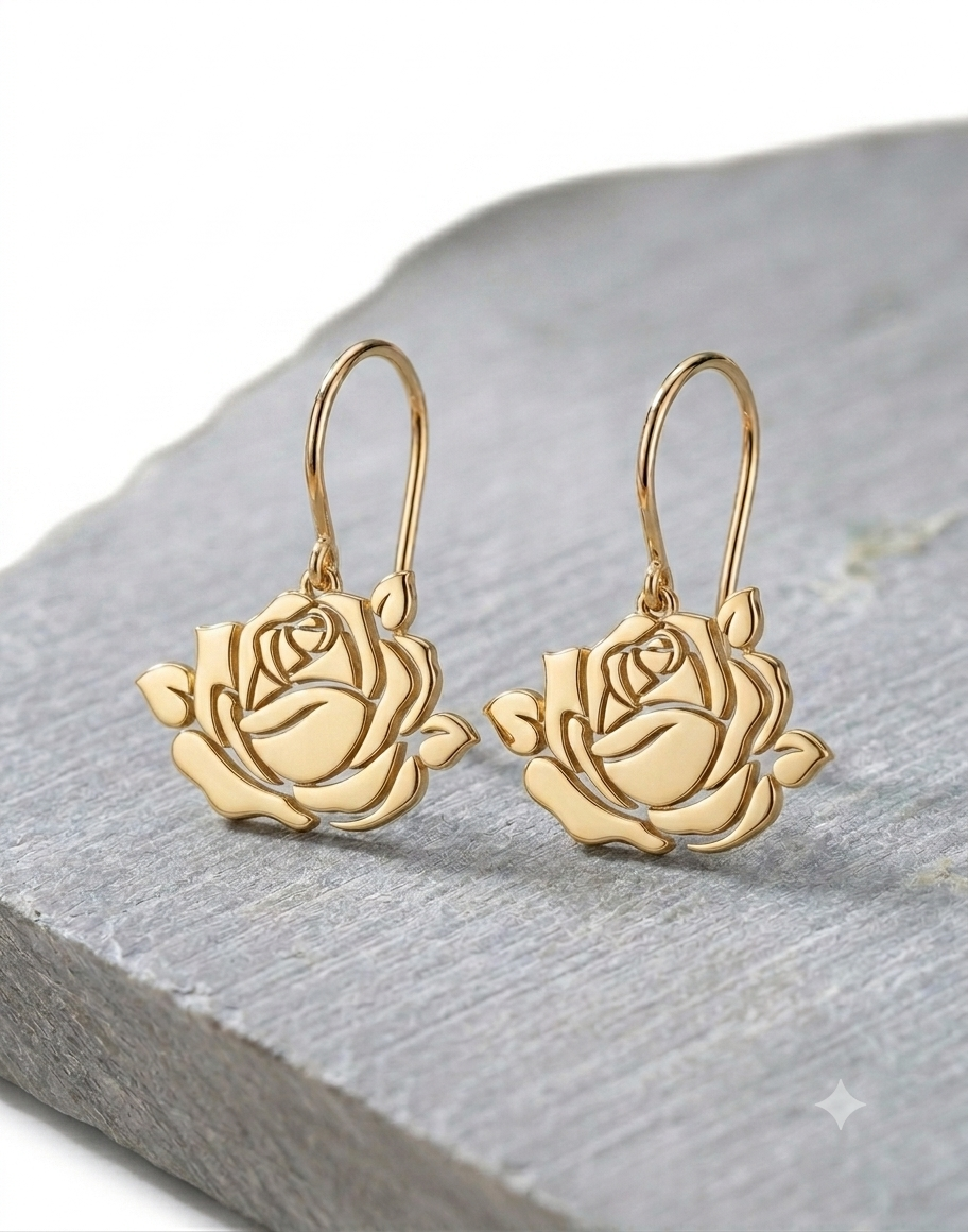 Custom Rose Earrings 24K Gold Plated Silver Floral Dangle Gift