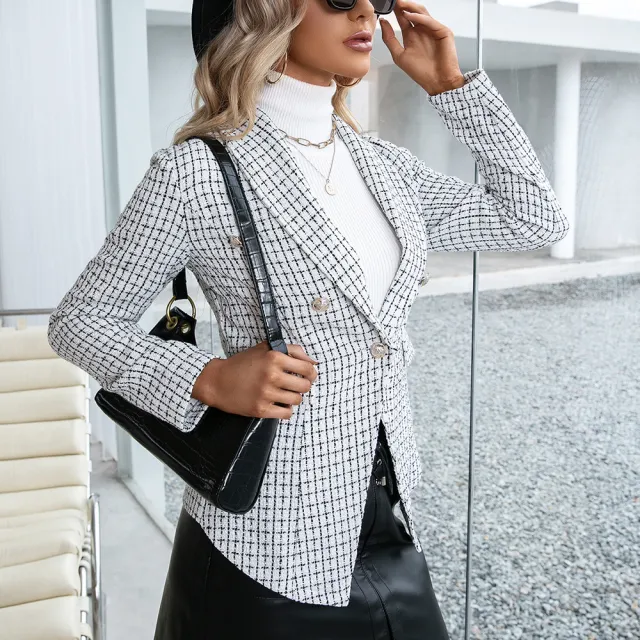 Women's Double breasted Commuter Coat Jacket With Checkered Slim Fit Suit White - Shop at LoveMi