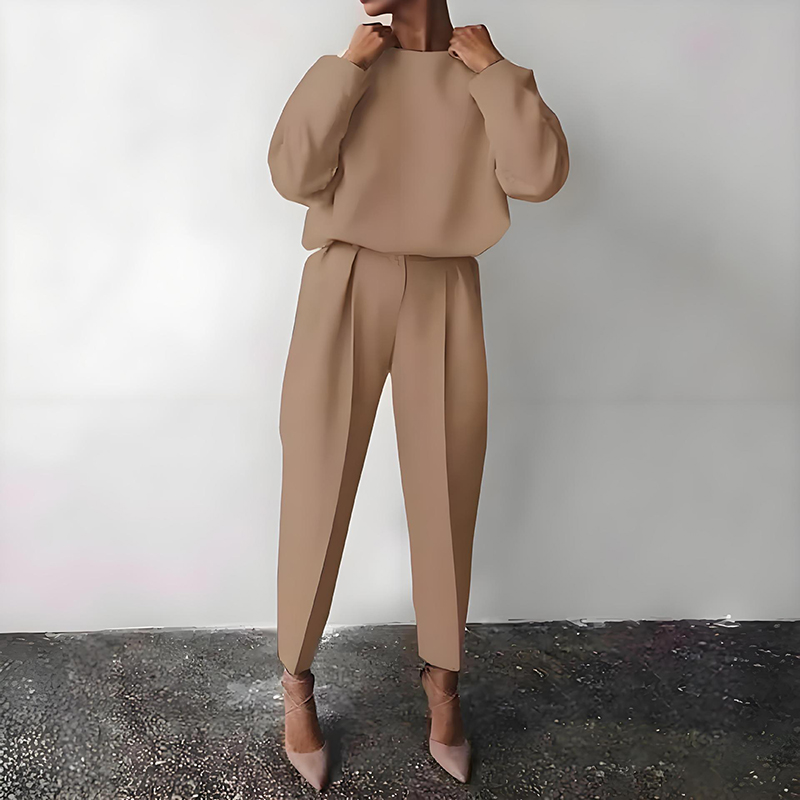 Women's Solid Color 2 Piece Set Round Neck Long Sleeve Top & Pleated Pants Loungewear For Spring & Fall Coffee - Shop at LoveMi