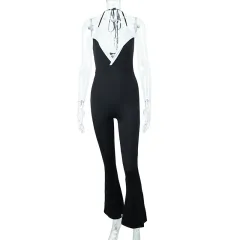 Halter Neck Sleeveless High Waist Slim Casual Jumpsuit - Black - View 1